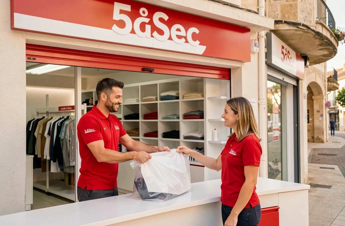 Remise de vêtements nettoyés à un client dans un pressing 5àSec du réseau Hérault