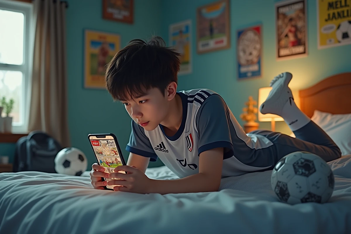 Adolescent en maillot de football allongé sur son lit, consultant un scan de manga sur smartphone avec une expression de confusion