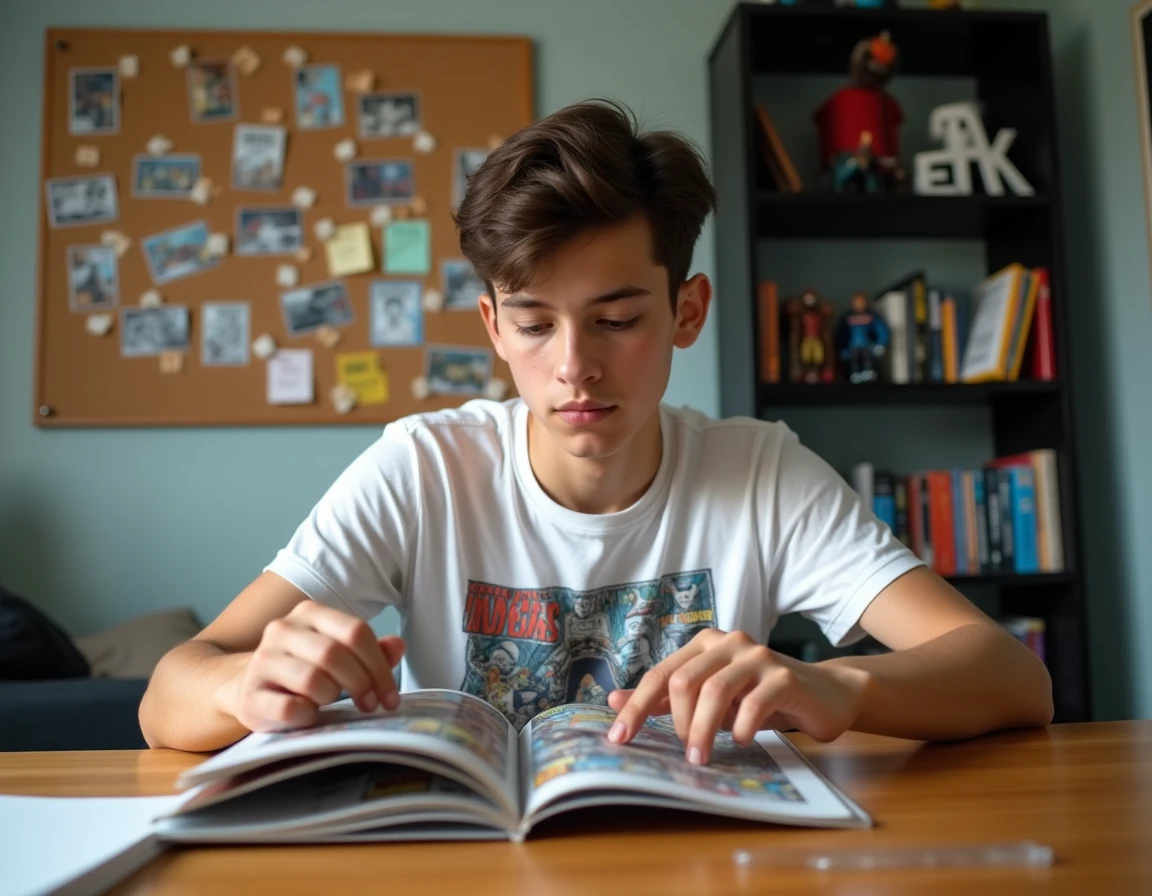 Adolescent organisant sa collection de comics Marvel sur un bureau dans sa chambre