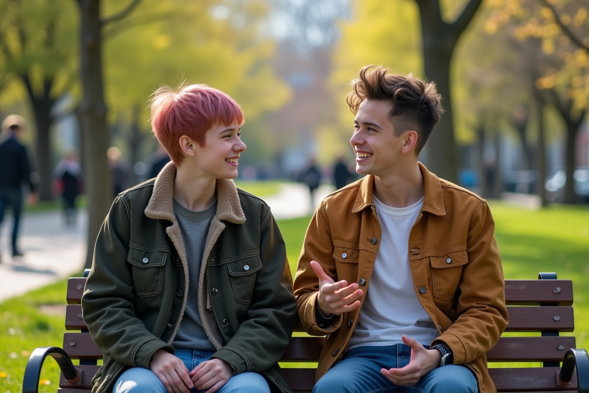 Adolescent nonbinaire discutant avec un ami dans un parc