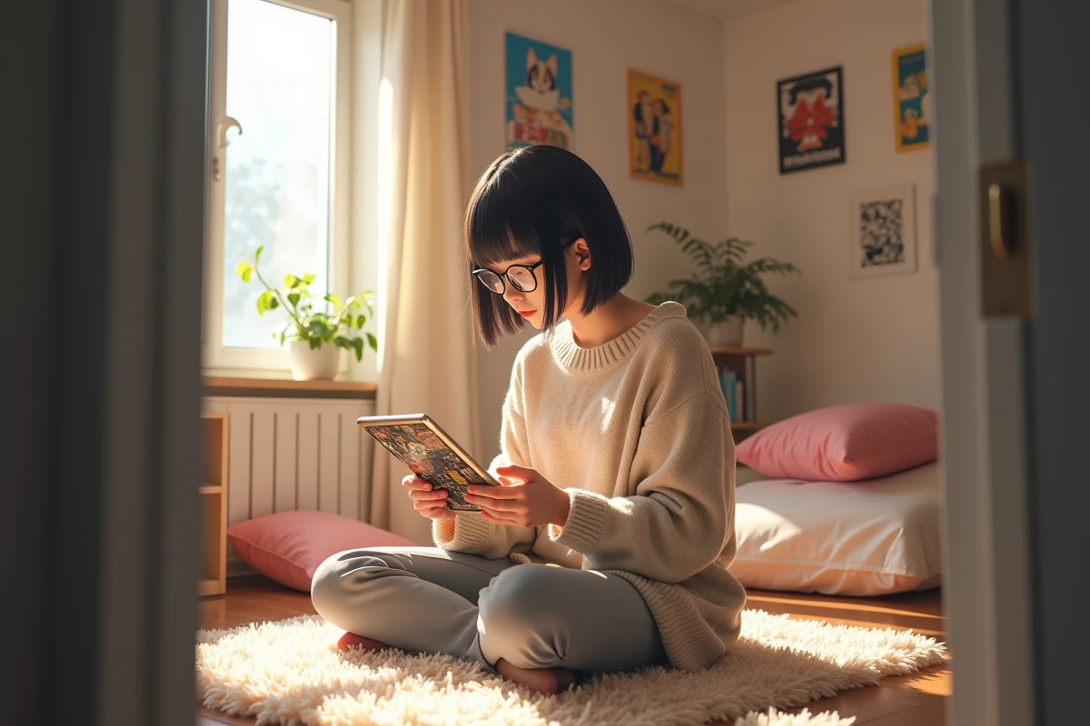 Adolescente lisant manga sur tablette dans sa chambre lumineuse
