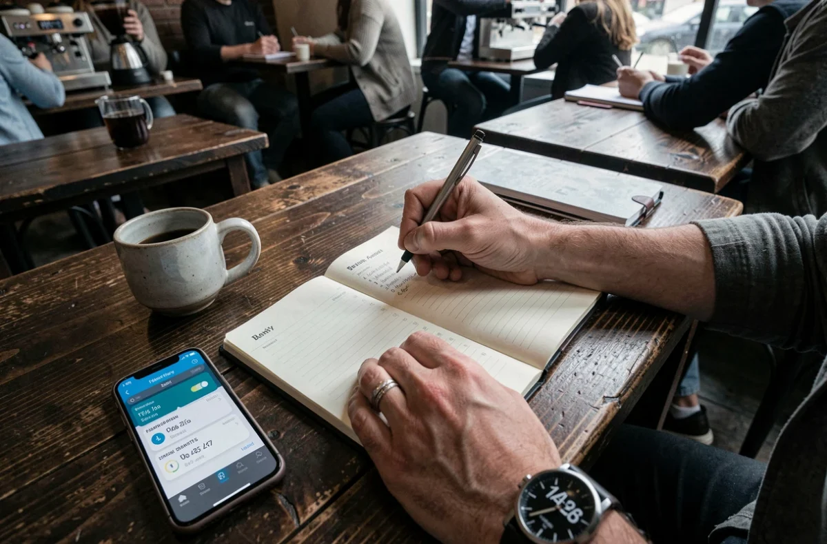 Mains écrivant dans un agenda avec une montre 24h et une application de conversion d'heure sur smartphone