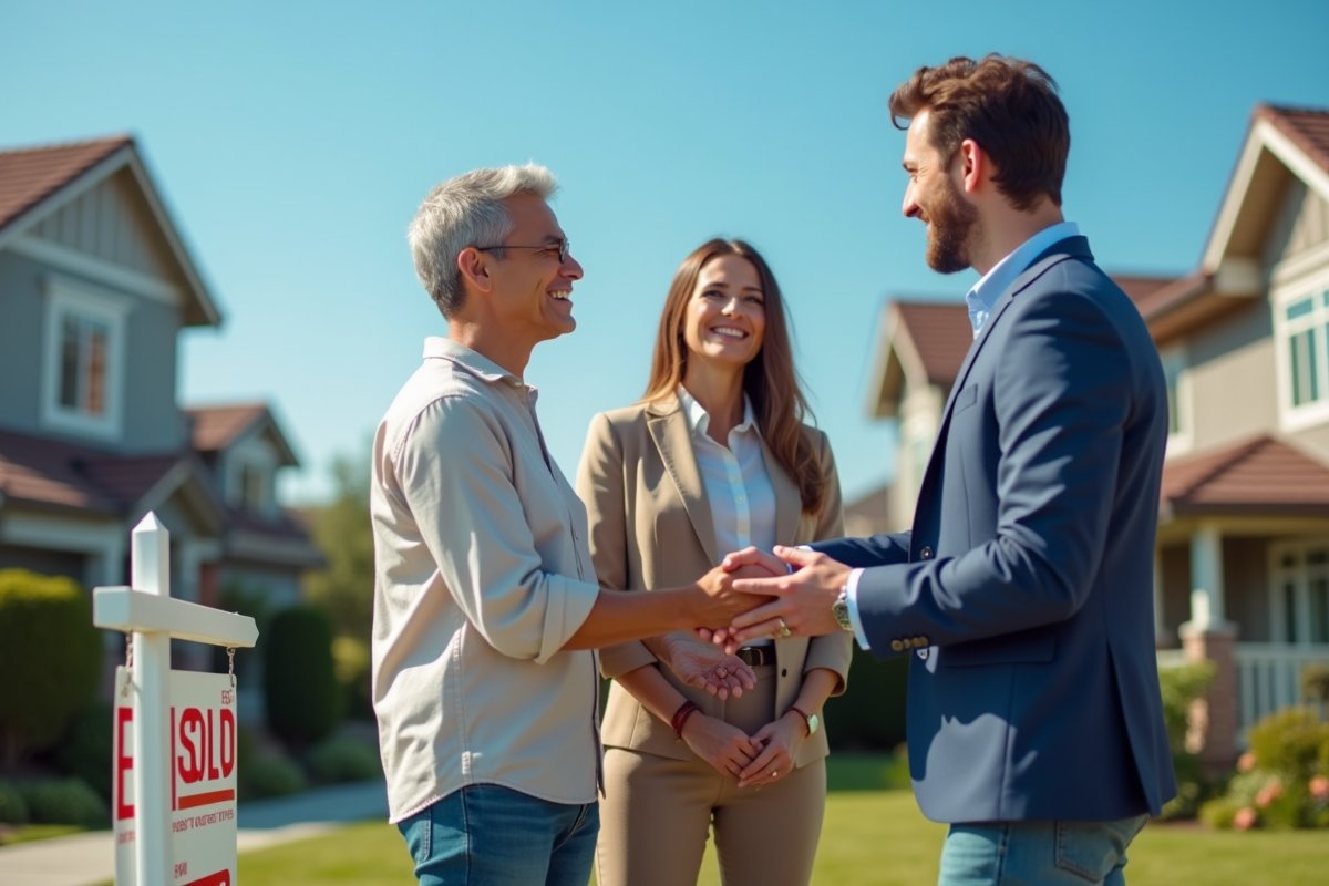 Agent immobilier souriant serre la main d un couple devant une maison