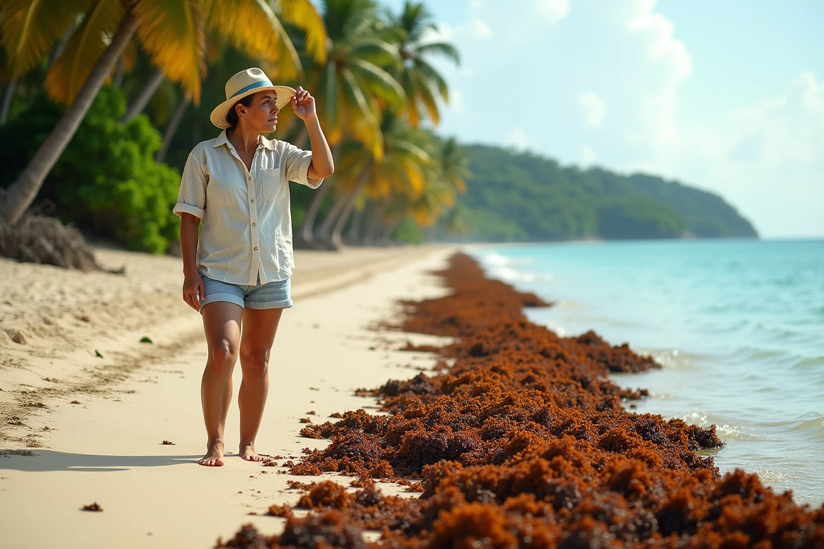 Femme observant les algues sargasses sur une plage de Guadeloupe avec de l'eau turquoise en arrière-plan