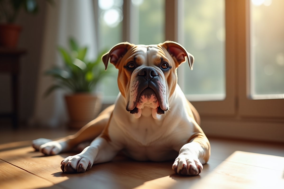American bulldog adulte en intérieur sur le sol en bois