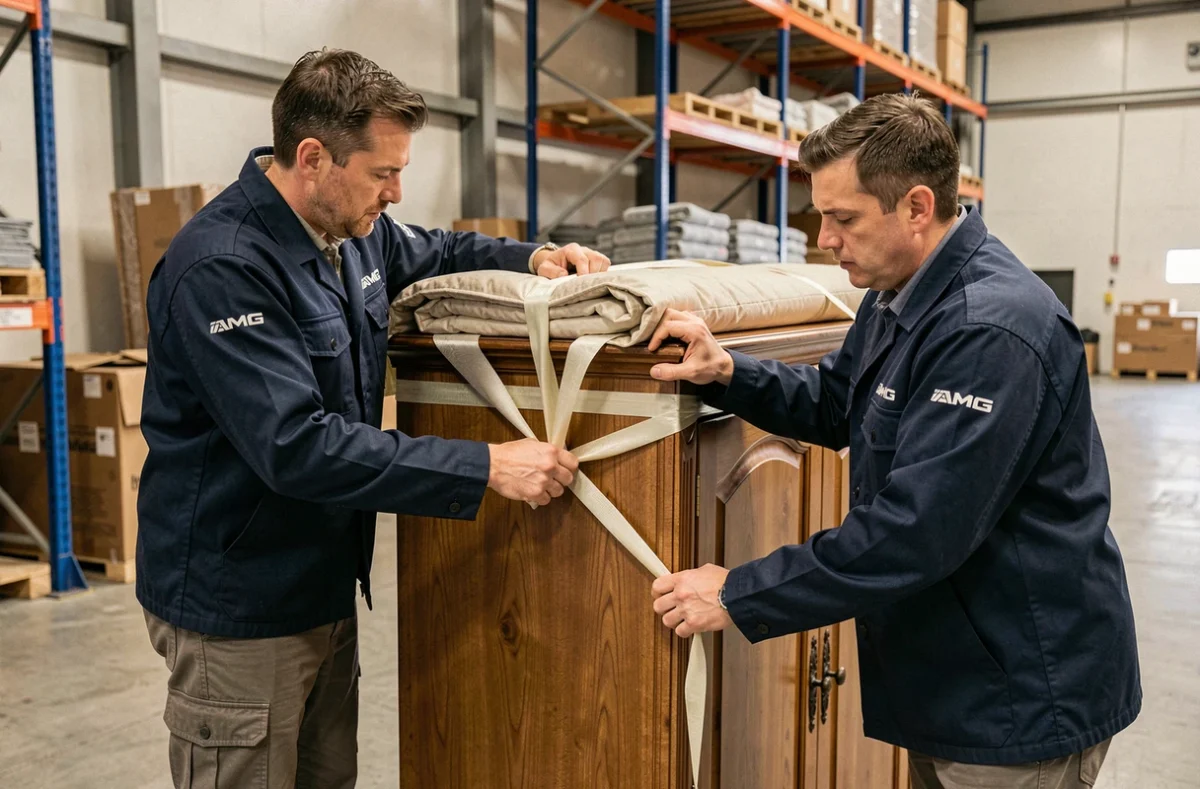 Déménageurs AMG Déménagements emballant soigneusement une armoire dans un entrepôt professionnel