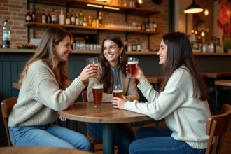 Groupe d'amis riant dans un bar toulousain convivial