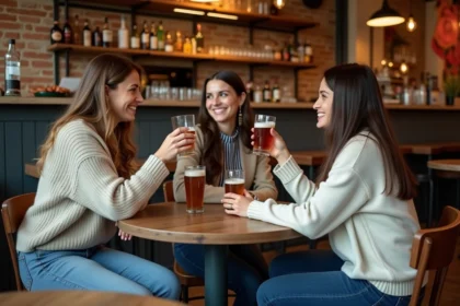 Groupe d'amis riant dans un bar toulousain convivial