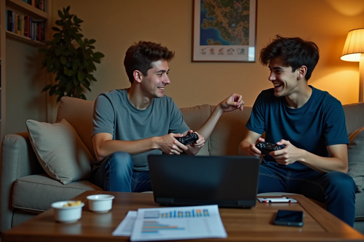Deux amis consultant les statistiques du nombre de joueurs classés sur League of Legends dans un salon