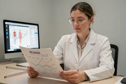 Professionnelle de santé analysant un tableau de résultats BELMASS dans un cabinet clinique moderne