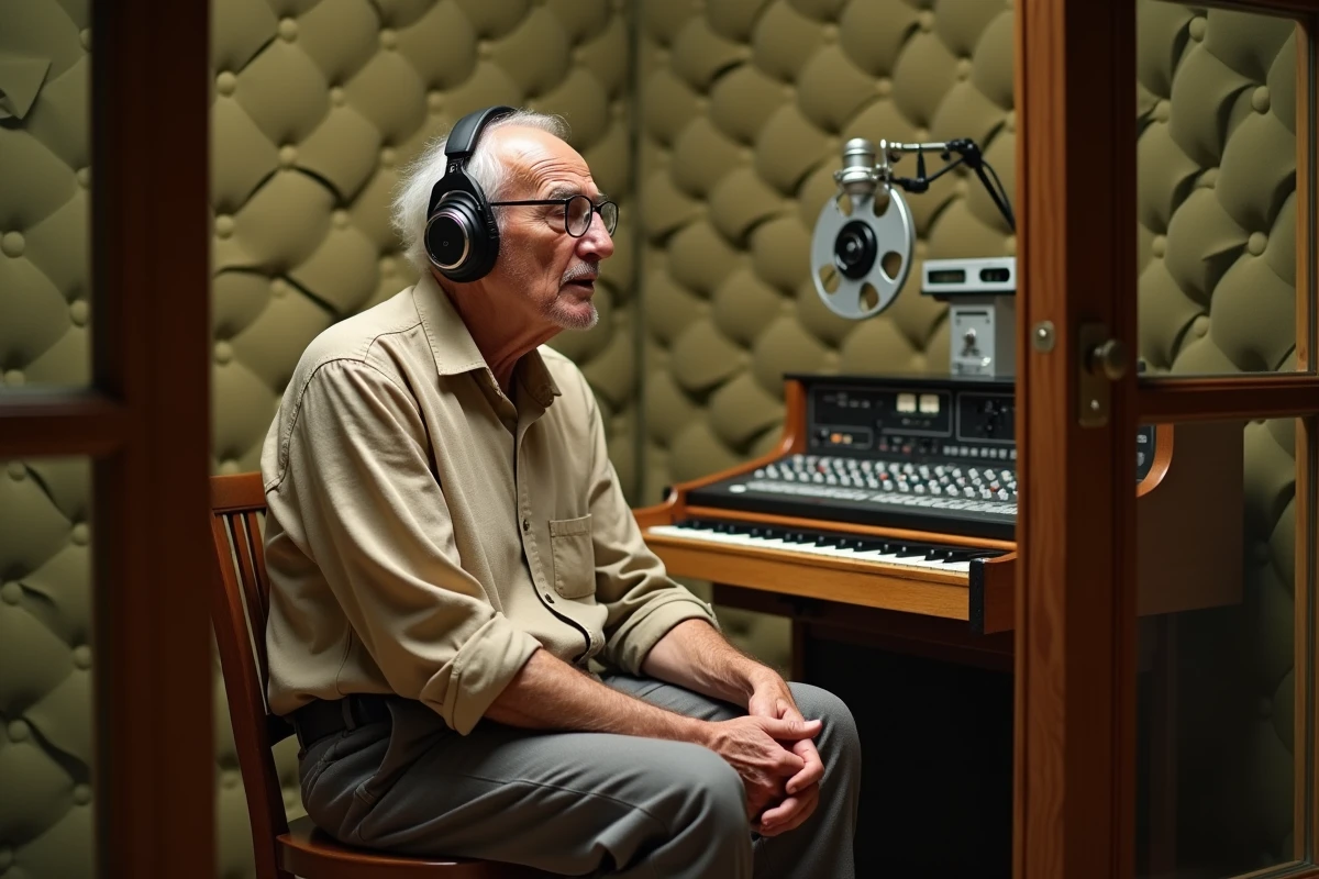 Ancien chanteur français des années 60 écoutant une bande magnétique dans un studio d'enregistrement vintage avec des écouteurs rétro