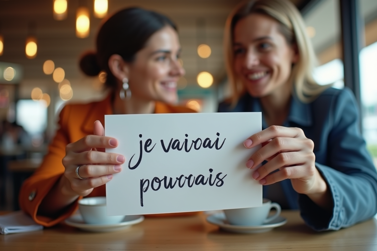 Deux personnes discutant de grammaire francaise au cafe