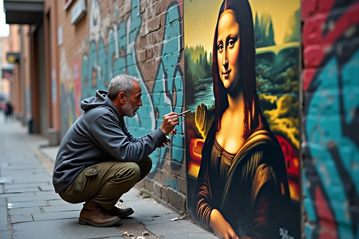 Artiste de rue peignant une réinterprétation moderne de la Joconde sur un mur urbain en brique, style photojournalisme