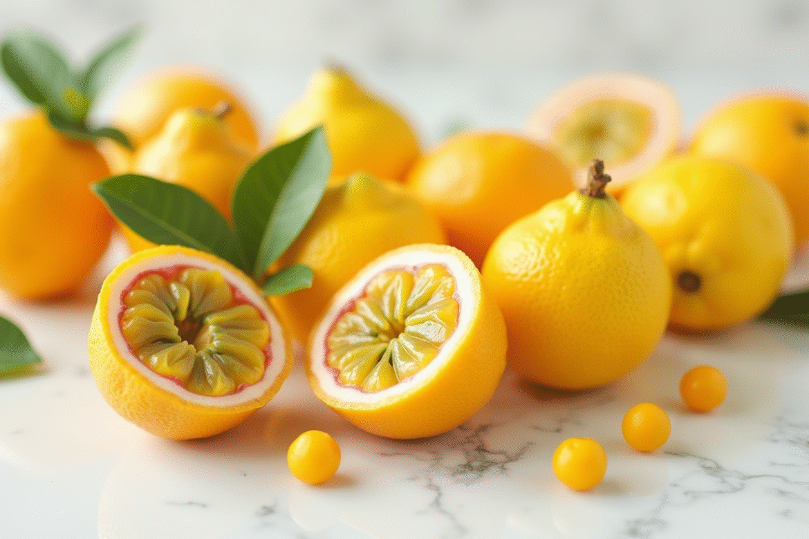 Assortiment de fruits jaunes passion yuzu et myrtilles