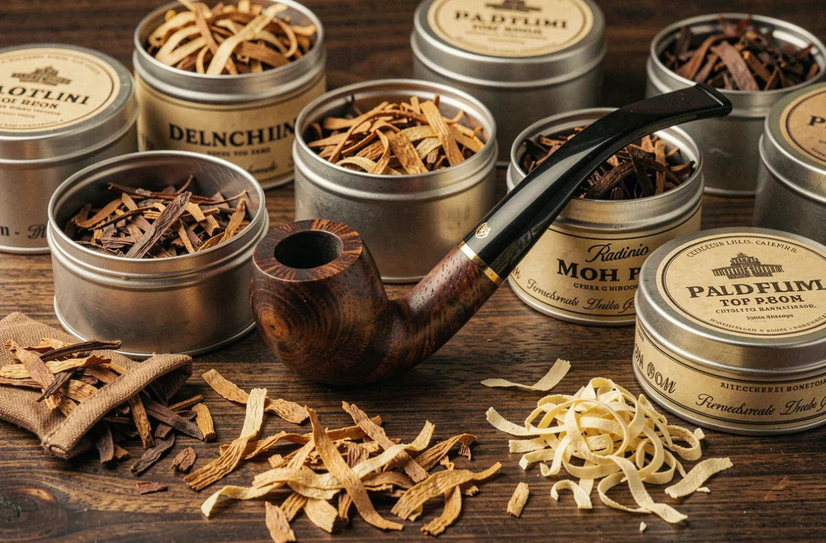 Assortiment de tabacs à pipe premium en boîtes ouvertes et blagues à tabac sur une surface en noyer, avec une pipe billiard classique