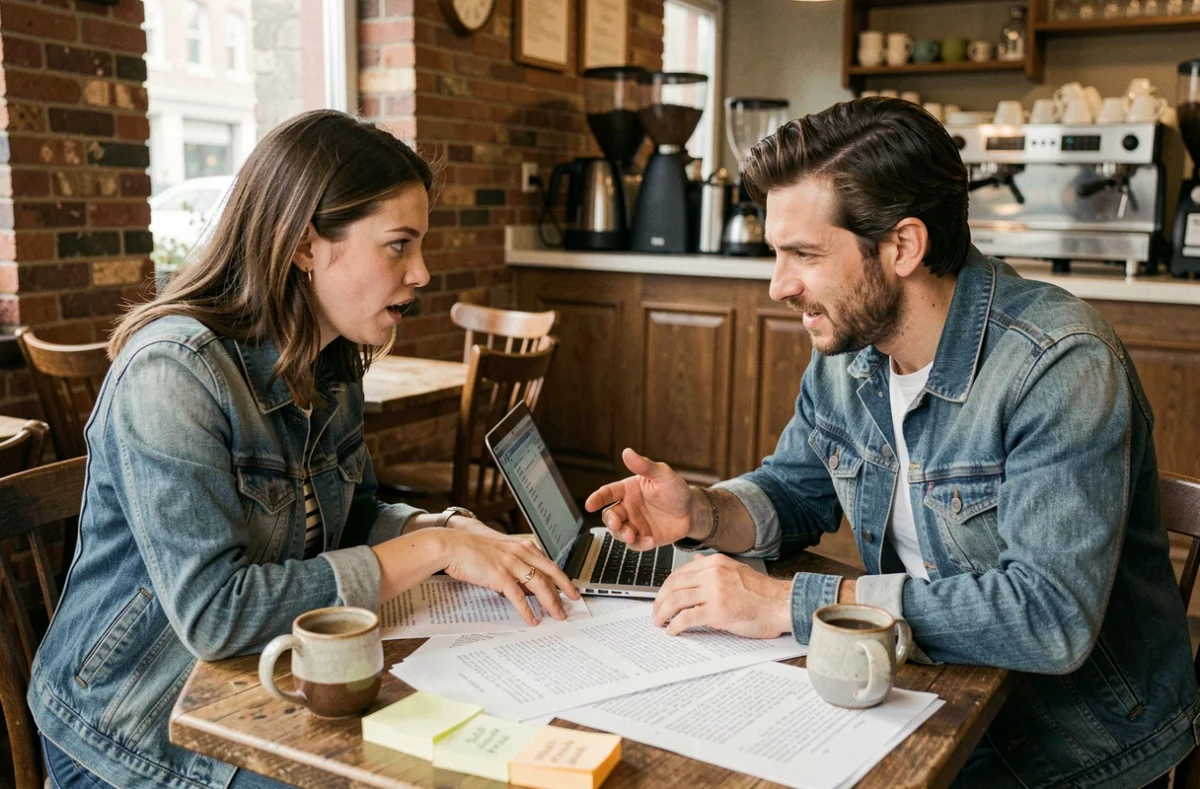 Deux auteurs collaborant sur la structure narrative d'un roman et discutant de techniques de retournement de situation dans un café