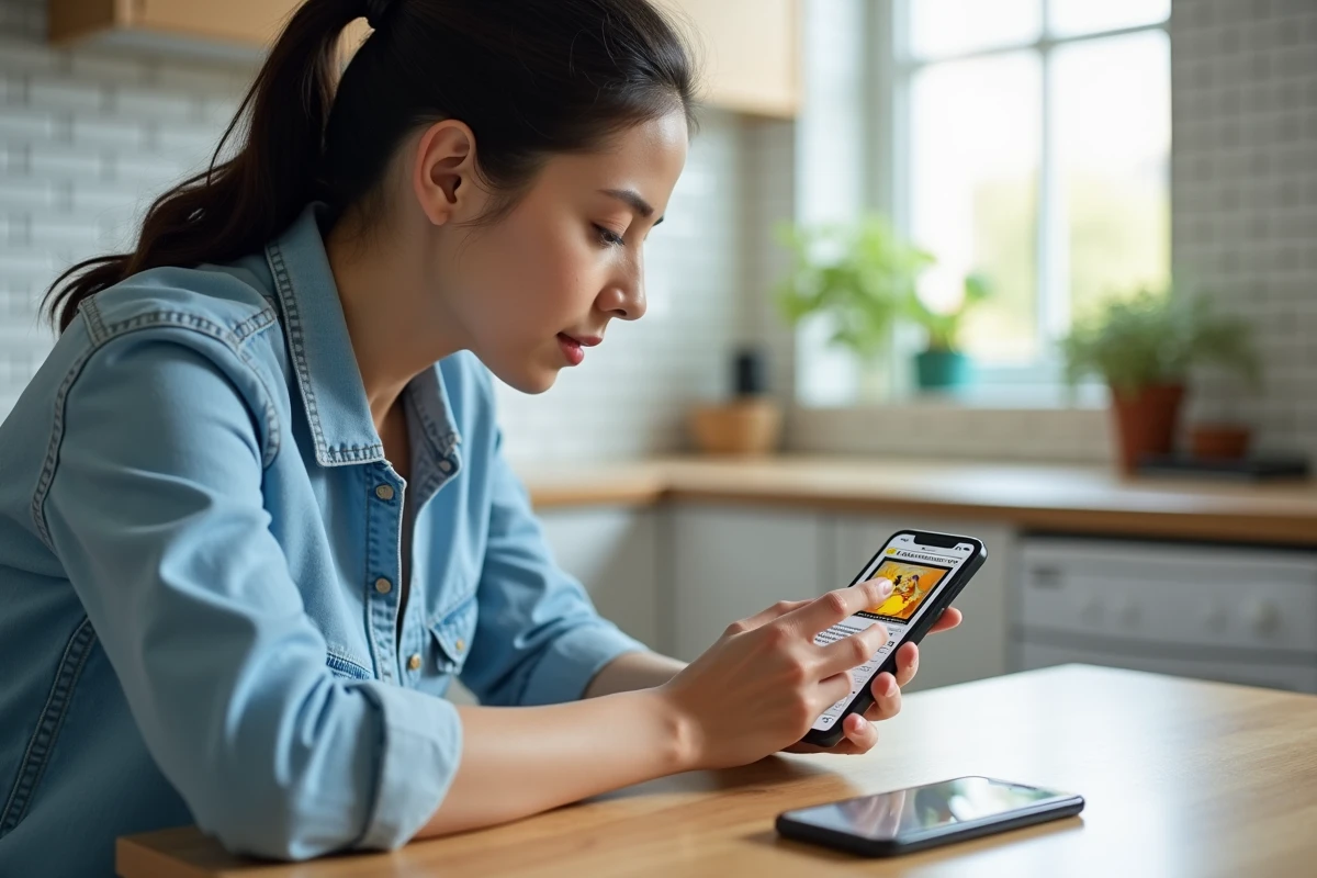 Femme comparant une carte Dracaufeu rare avec une application d'authentification sur smartphone