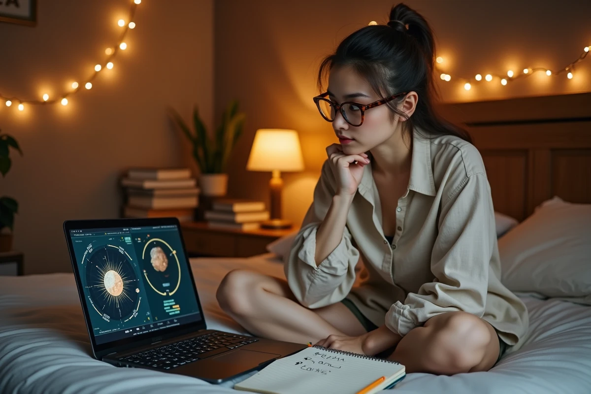 Jeune femme rédigeant un avis détaillé sur le jeu Aeonscope avec un carnet de notes et un laptop dans une chambre cosy