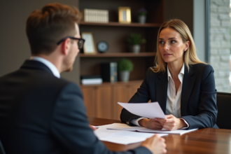 Femme avocate en discussion avec un professionnel du droit