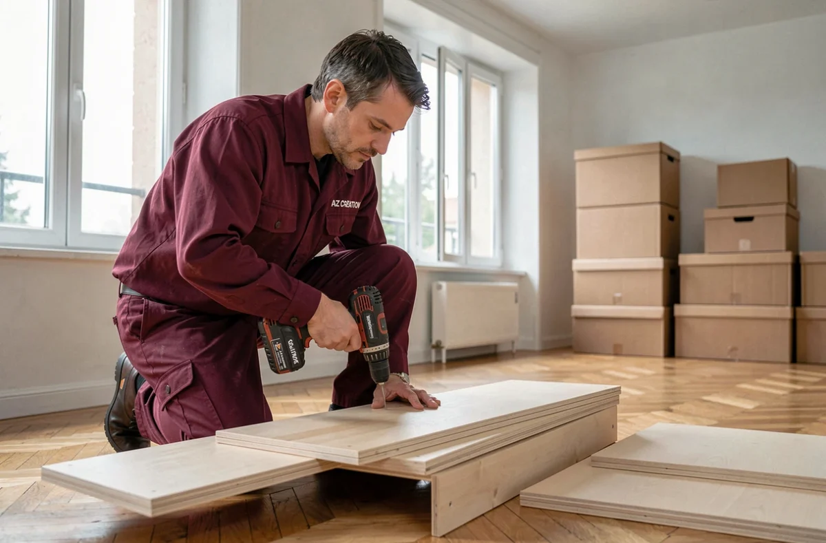 Professionnel AZ Création assemblant des meubles dans un appartement moderne après un déménagement dans le Jura