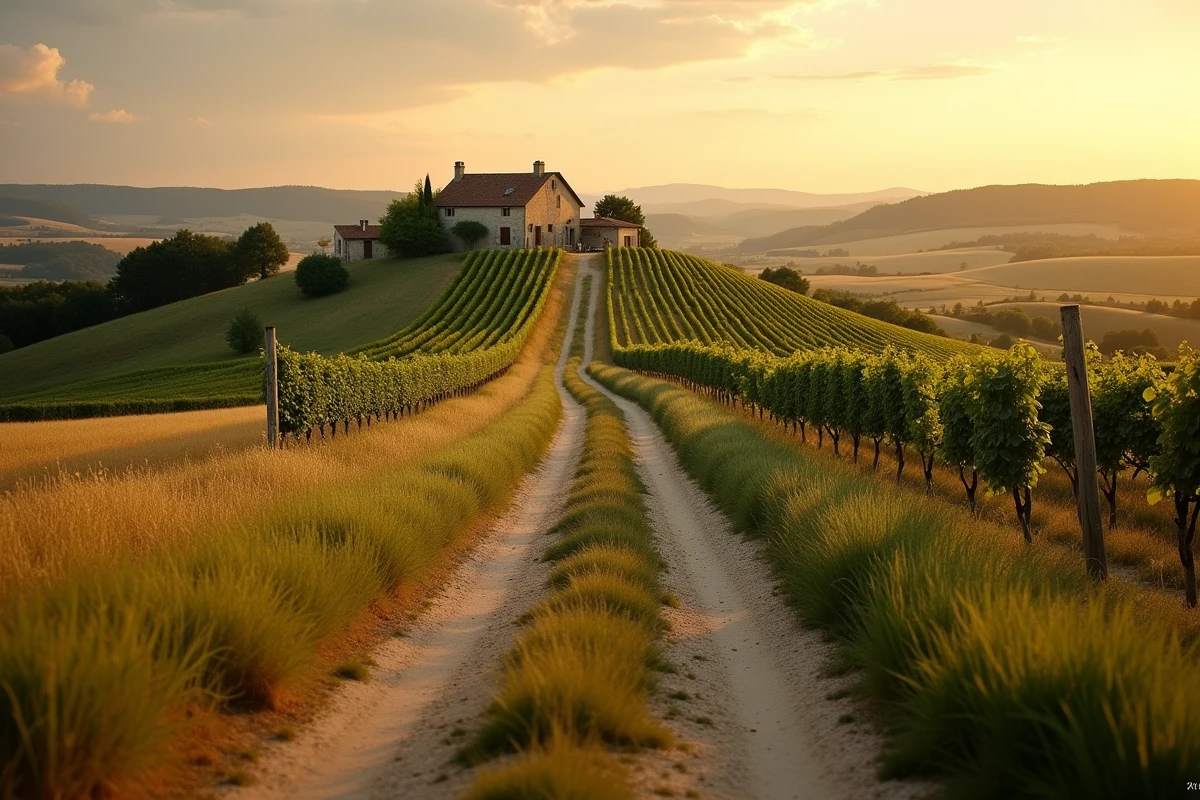 Sentier de randonnée serpentant dans les vignes et champs dorés du Gers près d'Éauze
