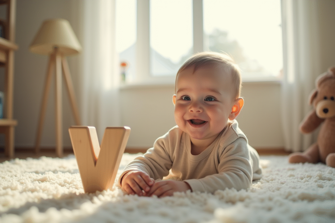 Bébé souriant avec jouet en forme de V en bois
