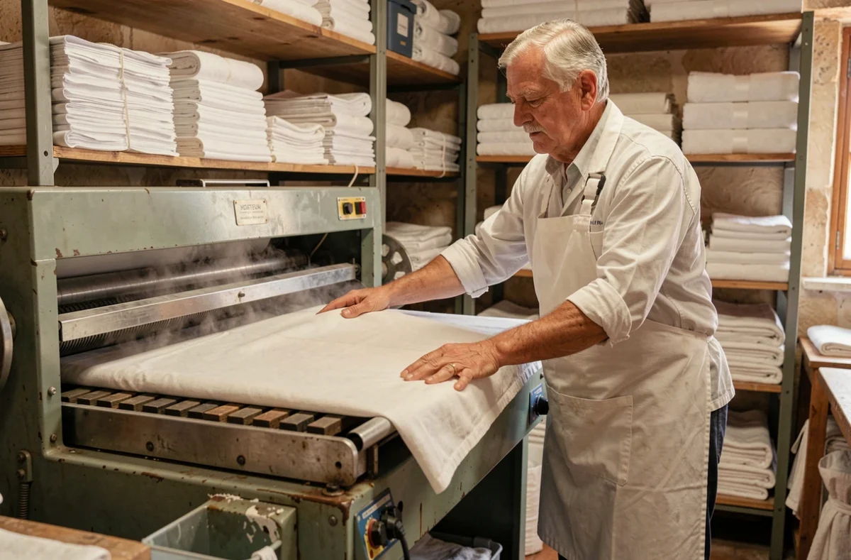 Ouvrier de la Blanchisserie Biterroise à Béziers pressant du linge de table professionnel