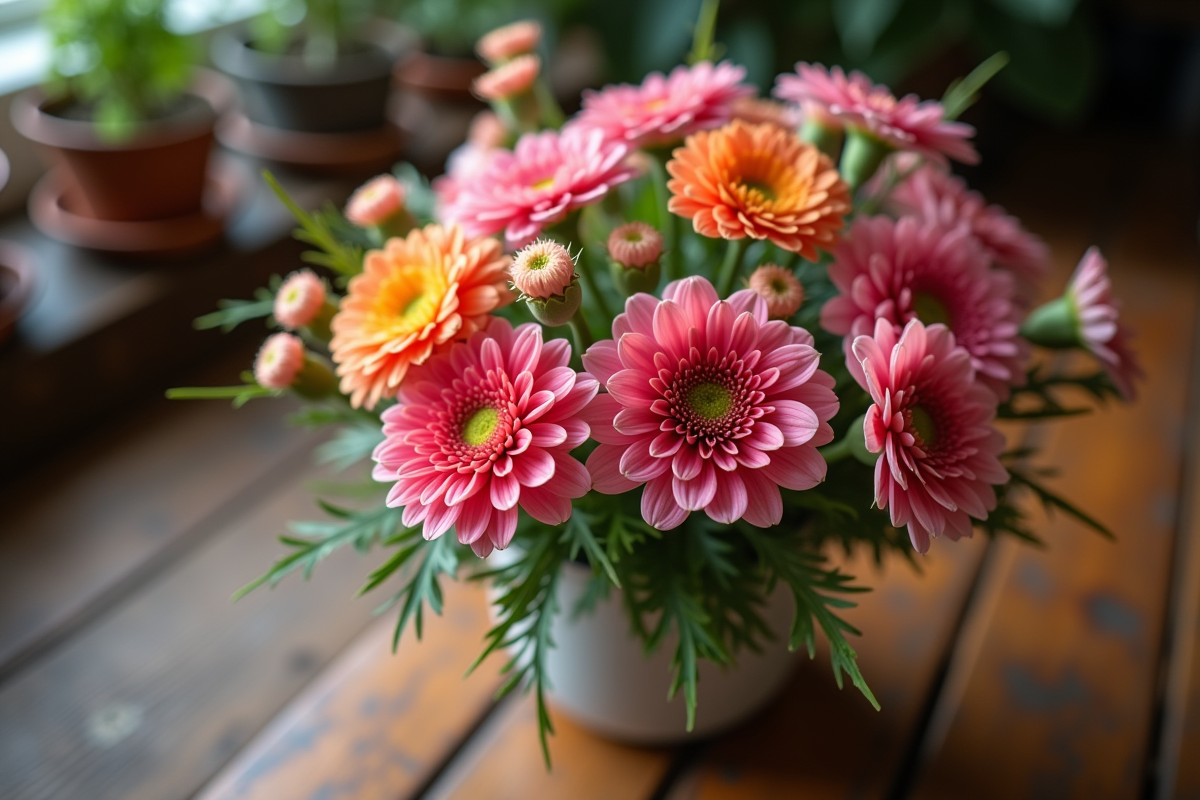 Petit bouquet de fleurs Knautia sur table en bois