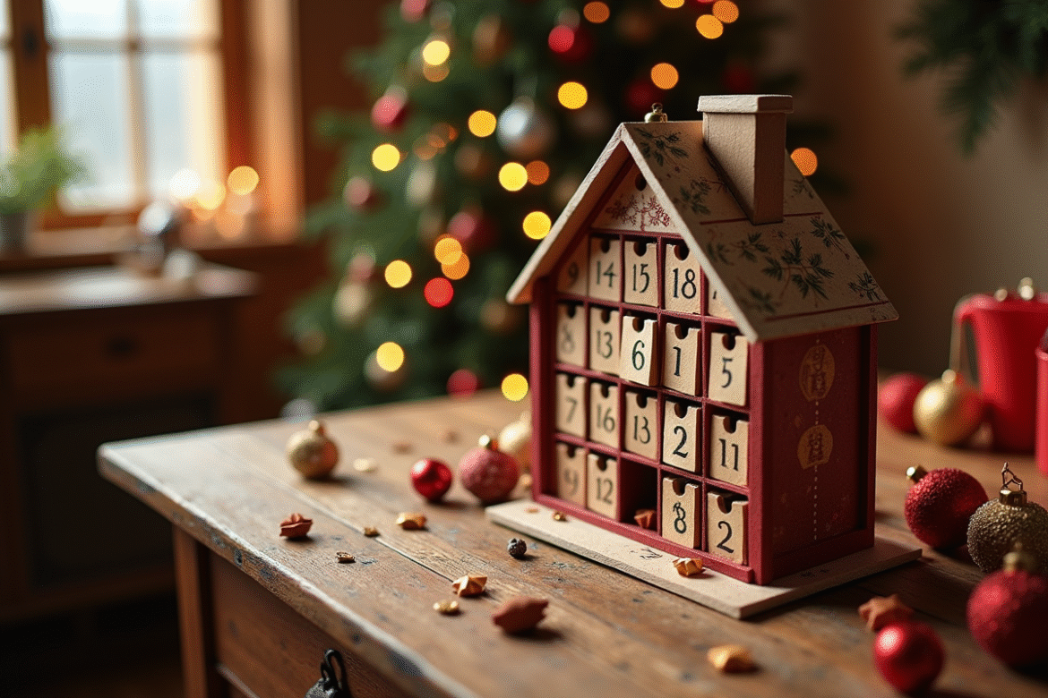 Calendrier de l'avent fait main sur une table en bois chaleureuse