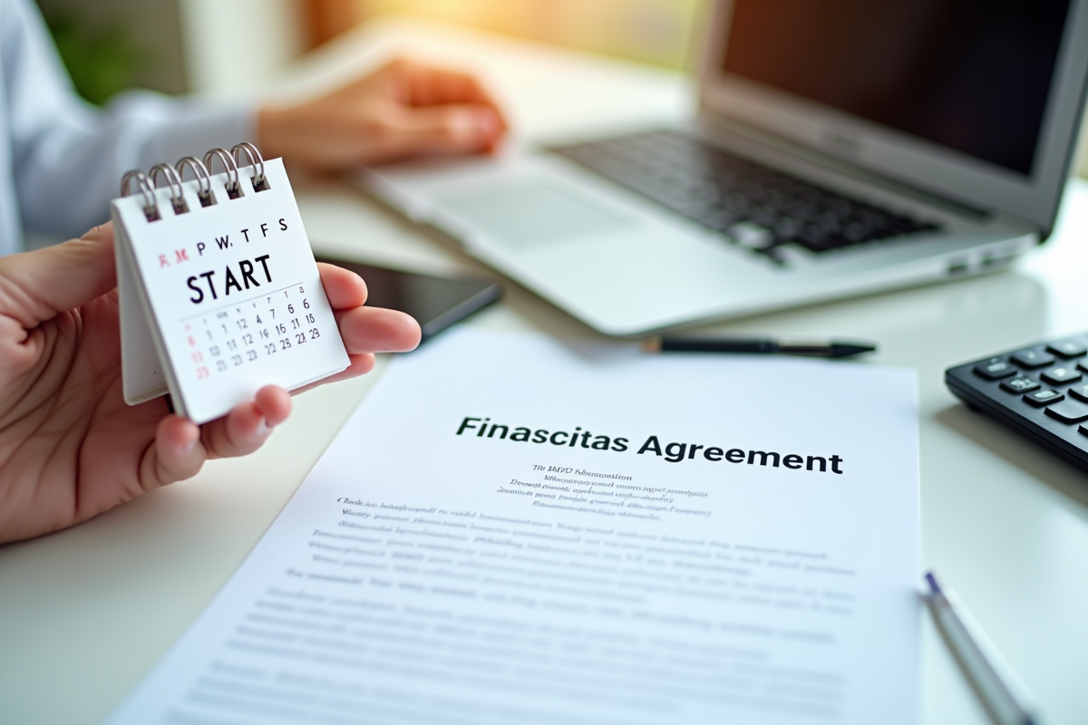 Main tenant un calendrier avec contrat financier et calculatrice
