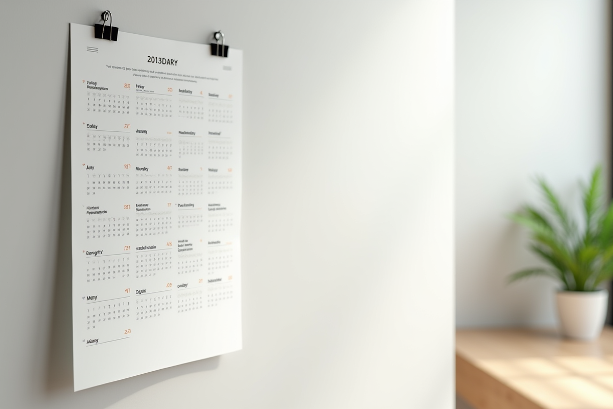 Page de calendrier avec jours fériés et ponts en évidence