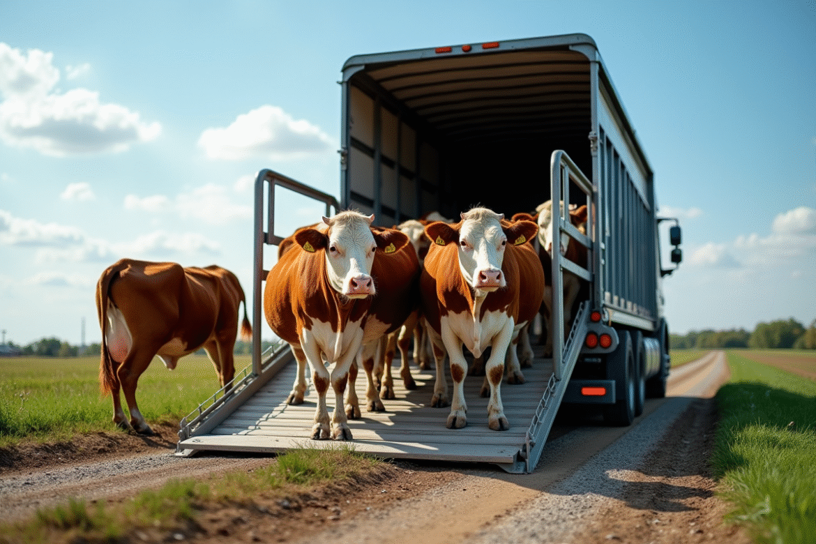 Camion bétail en plein air dans une ferme ensoleillee
