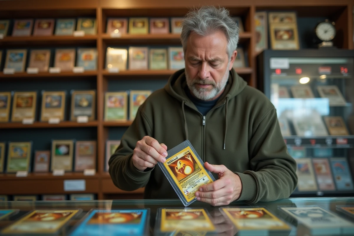 Collectionneur plaçant une carte Dracaufeu rare dans une pochette de protection rigide dans une boutique spécialisée