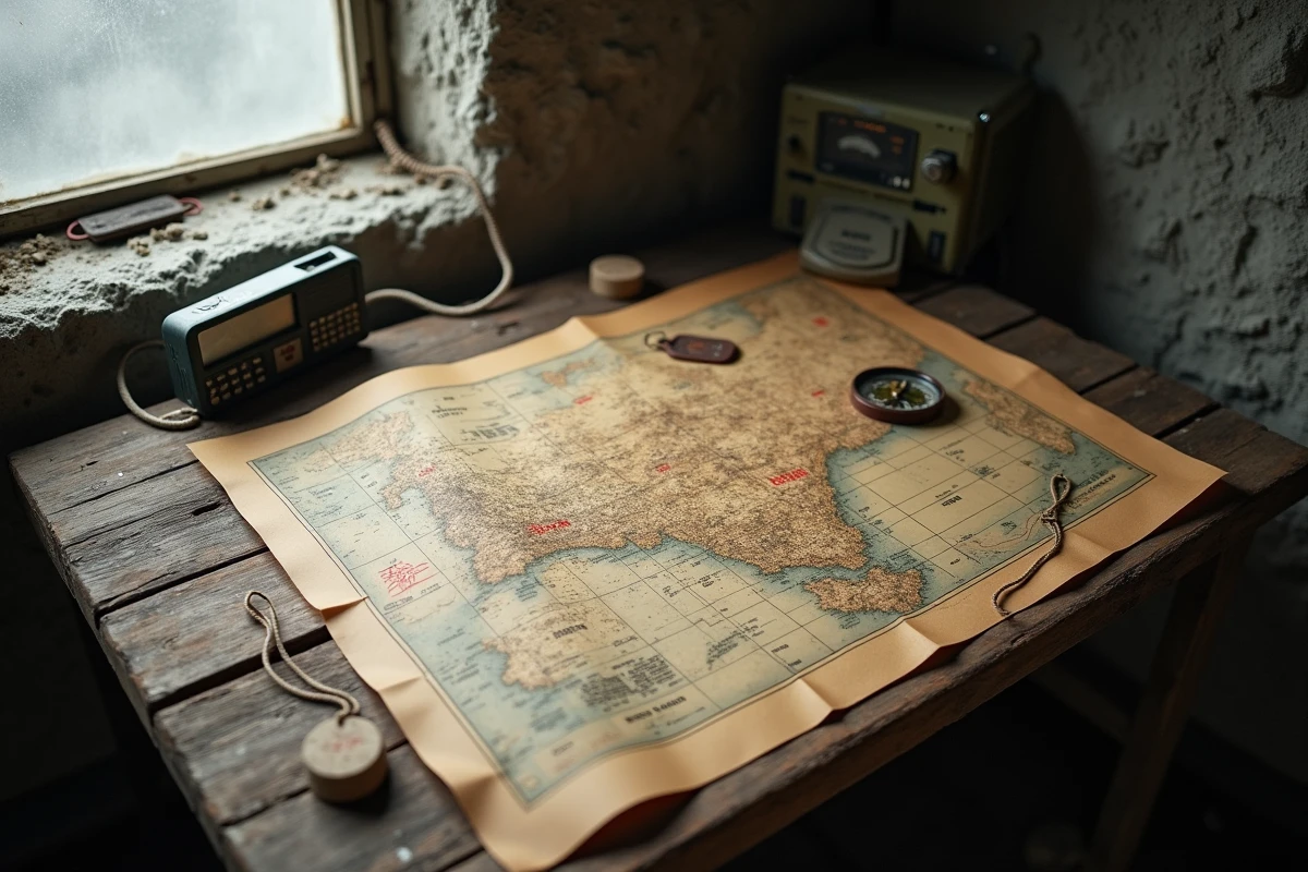 Carte militaire annotée et équipement de campagne sur une table en bois dans un poste de commandement, chronologie et stratégie évoquant l'univers de Gears of War E-Day