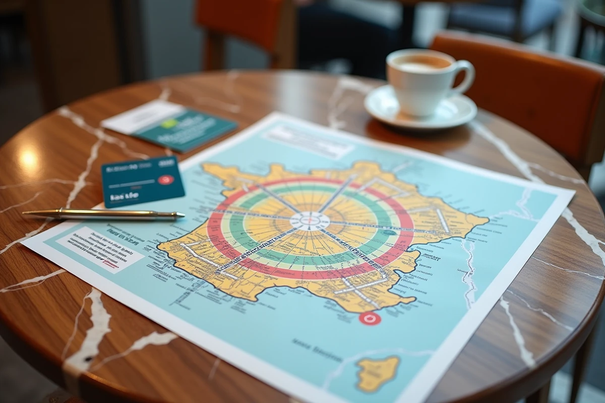 Carte des zones tarifaires 1 à 5 Île-de-France posée sur une table de café avec un pass Navigo