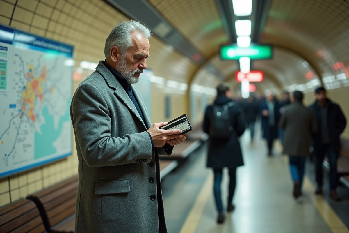 Homme consultant la carte des zones tarifaires Île-de-France dans une station de métro parisienne