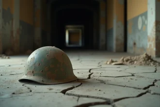 Casque militaire posé sur du béton fissuré dans un bunker industriel abandonné, atmosphère post-apocalyptique inspirée de Gears of War E-Day