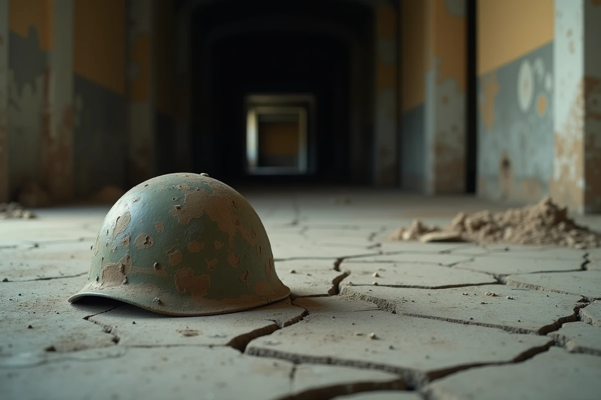 Casque militaire posé sur du béton fissuré dans un bunker industriel abandonné, atmosphère post-apocalyptique inspirée de Gears of War E-Day
