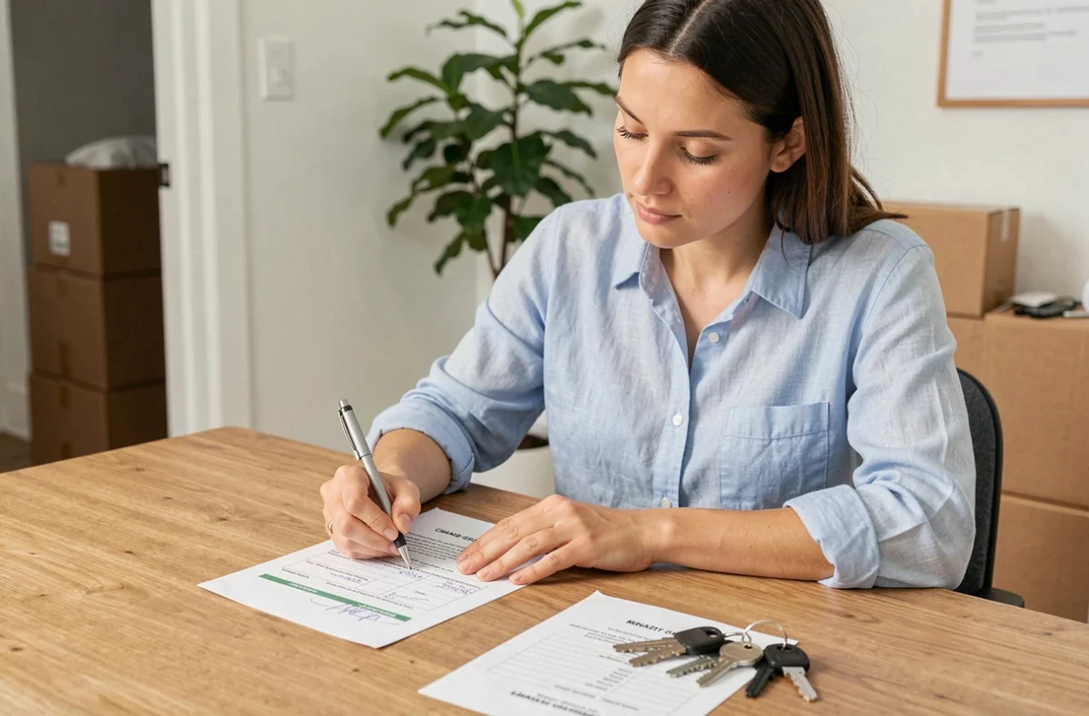 Femme remplissant un formulaire de changement d'adresse La Poste avec un bail de location signé sur un bureau en bois