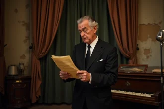 Chanteur français oublié des années 60 tenant une partition ancienne près d'un piano droit dans une salle de répétition vintage