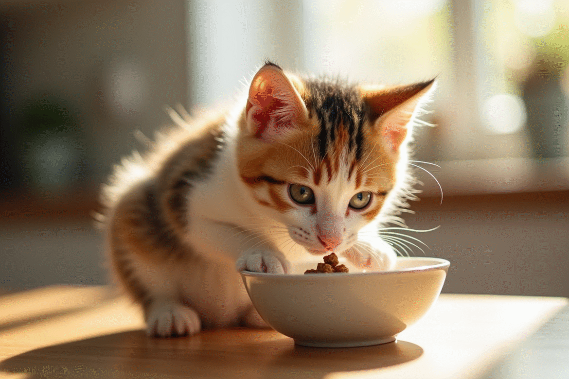 Chaton calico mangeant dans un bol blanc ensoleille