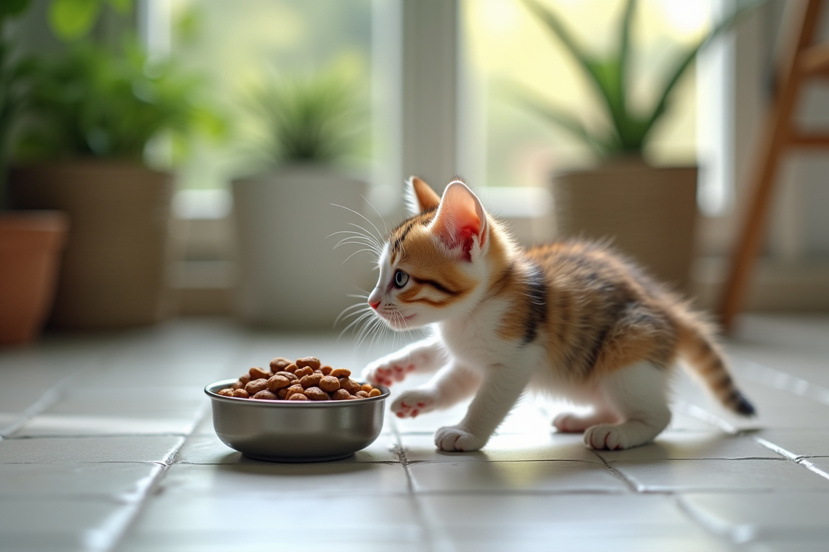 Chaton tricolore jouant vers un bol de nourriture humide