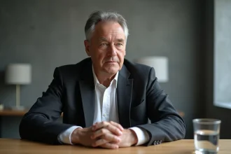 Homme en blazer sombre assis lors d'une interview dans un studio minimaliste, expression réfléchie et regard légèrement détourné