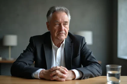 Homme en blazer sombre assis lors d'une interview dans un studio minimaliste, expression réfléchie et regard légèrement détourné