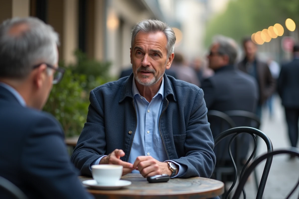 Homme en veste de lin marine interviewé à une terrasse de café parisienne, magnétophone posé sur la table, expression animée et naturelle