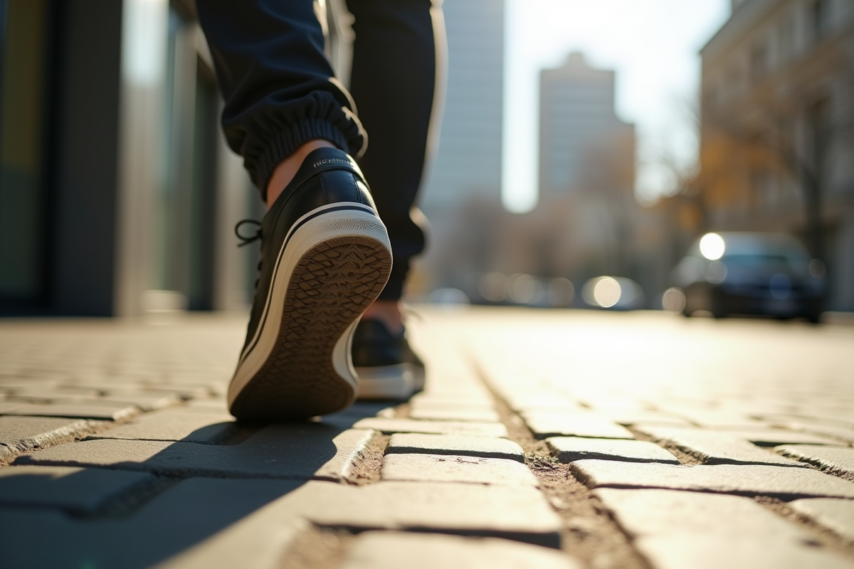Chaussures usurees marchant sur un trottoir urbain en plein jour