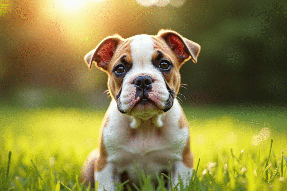 Chiot American bulldog dans un jardin ensoleille