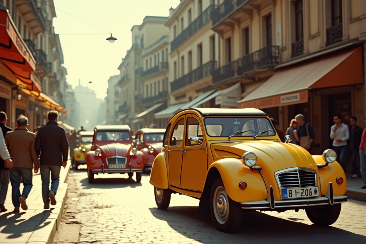 Citroen 2CV colorée dans une rue animée des années 70