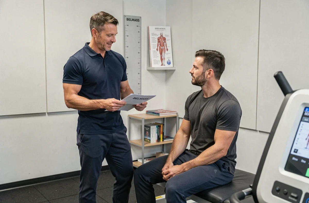 Coach sportif expliquant les réglages BELMASS à un client dans une salle d'évaluation fitness professionnelle