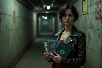 Collection de films Resident Evil en Blu-ray présentée dans un couloir industriel avec symboles biohazard, évoquant l'univers de la saga cinématographique